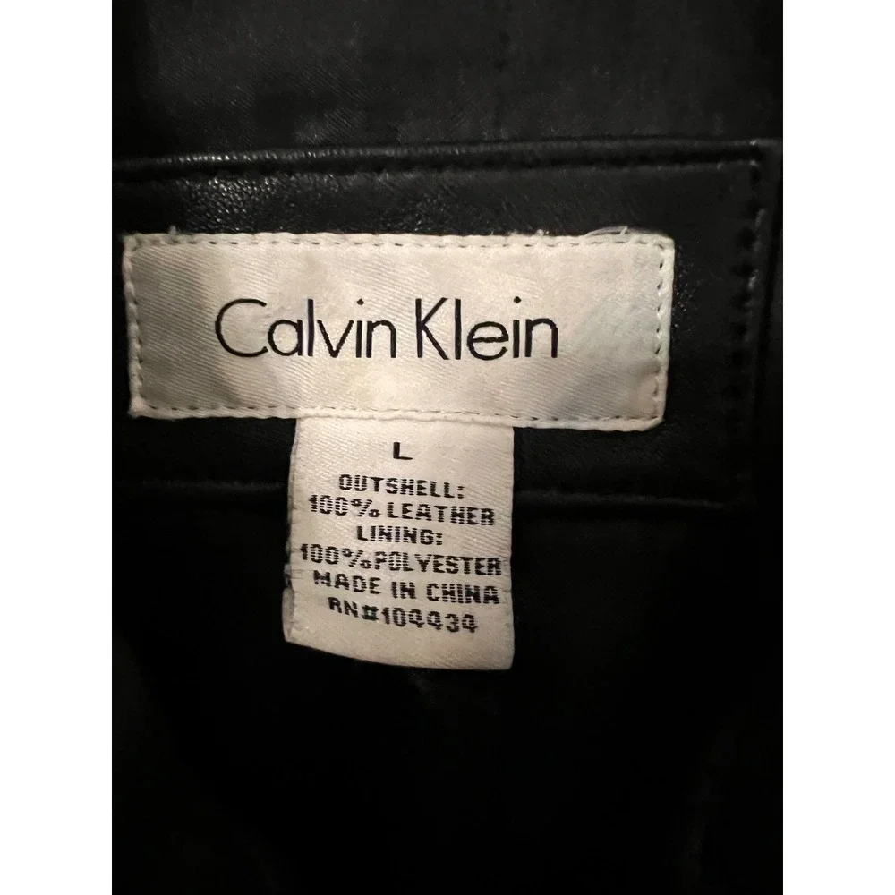 Calvin Klein Mens Black Leather Full‎ Zip Jacket Size Large Point Collar